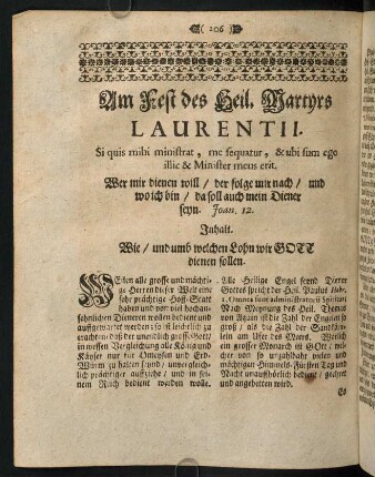 206-216, Am Fest des Heil. Martyrs LAURENTII. Si quis mihi ministrat, me sequatur, & uni sum ego illic & Minister meus erit.