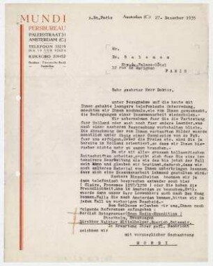 Brief von Mundi, Persbureau, Amsterdam an Erich Salomon