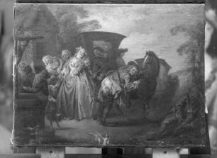 Illustrationen zum "Roman comique" von Scarron — Szene am Wagen vorm Gasthaus
