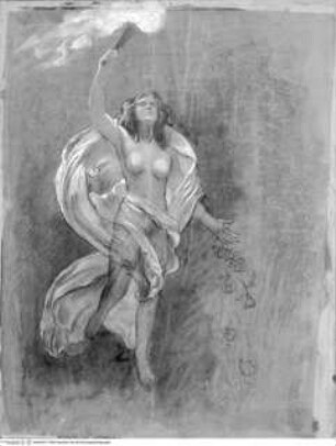 Weibliche, drapierte und schwebende Figur, mit der Rechten eine brennende Fackel hochhaltend und mit der Linken Blumen streuend