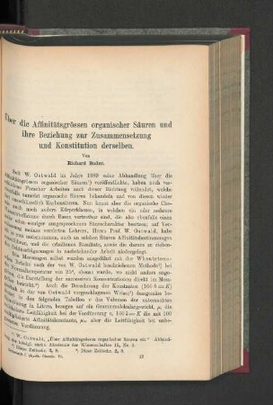 Über die Affinitätsgrössen organischer Säuren und ihre Beziehung zur Zusammensetzung und Konstitution derselben.
