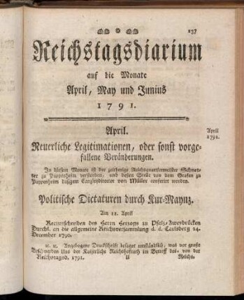 Reichstagsdiarium auf die Monate April, May und Junius 1791.