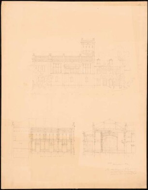 Vereinshaus des Künstlervereins »Malkasten«, Düsseldorf Entwurf A: Aufriss; Längsschnitt, Querschnitt, Maßstabsleiste
