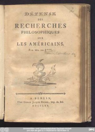 Défense Des Recherches Philosophiques Sur Les Américains