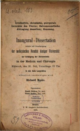 Irreducible, chronische, puerperale Inversion des Uterus; Galvanocaustische Abtragung desselben; Genesung