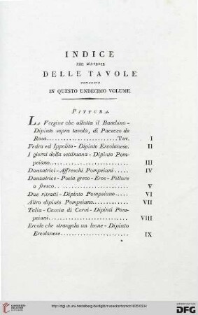 Indice per materie delle tavole coprese in questo undecimo volume