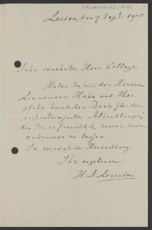 Nr. 1: Brief von Hendrik A. Lorentz an Karl Schwarzschild, Leiden, 7.9.1905