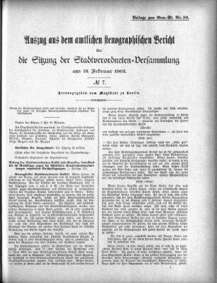 Auszug aus dem amtlichen stenographischen Bericht über die Sitzung der Stadtverordneten-Versammlung am 13. Februar 1902