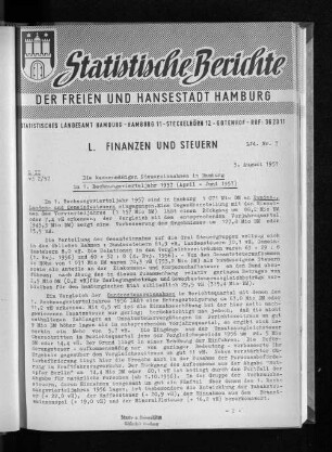 Die kassenmäßigen Steuereinnahmen in Hamburg im 1. Rechnungsvierteljahr 1957 (April - Juni 1957) : Lfd. Nr. 7