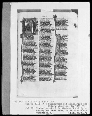 Sammelwerk mit Apokalypse des Heinrich von Hesler & Christherrenchronik — Esra, Nehemia, Esther und Judith, Folio 27recto-51verso — ---, Folio 27recto-51versoInitiale N zum Buch Esdras, Folio 27recto