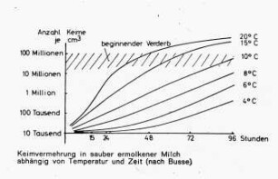 Keimvermehrung in sauber ermolkener Milch abhängig von Temperatur und Zeit (nach Busse)