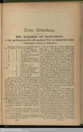 Dritte Abtheilung. Post-, Telegraphen- und Fernsprechwesen