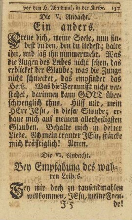 Die VI. Andacht. Bey Empfahung des wahren Leibes