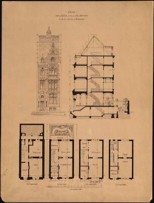 Neubau Haus Jos. Hermans am Gereonkloster, Köln: Ansicht, Schnitt, Grundrisse: KG, EG, 1. und 2. OG 1:100
