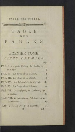 Table des Fables. Premier tome.