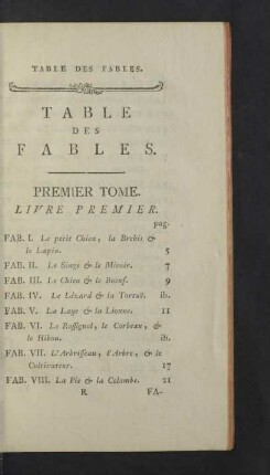Table des Fables. Premier tome.