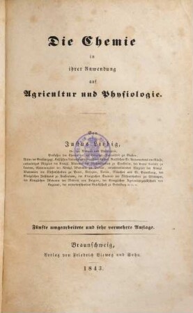 Die Chemie in ihrer Anwendung auf Agricultur und Physiologie