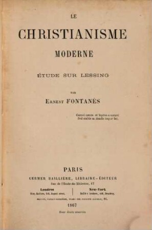 Le Christianisme moderne : Étude sur Lessing
