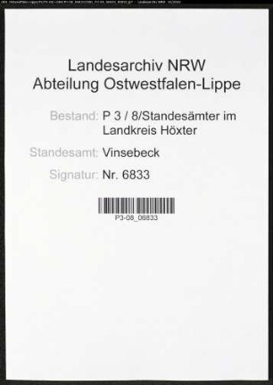 Sterberegister Standesamt Vinsebeck