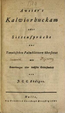Aweiar's Kalwiorhuckam oder Sittensprüche