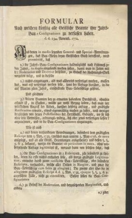 Formular Nach welchem künftig alle Geistliche Beamte ihre Jahrs-Bau-Consignationes zu verfassen haben : d.d. 23ten Novemb. 1772.