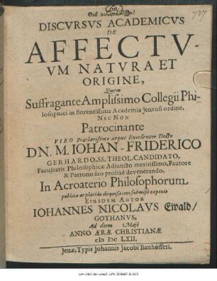 Discursus Academicus De Affectuum Natura Et Origine