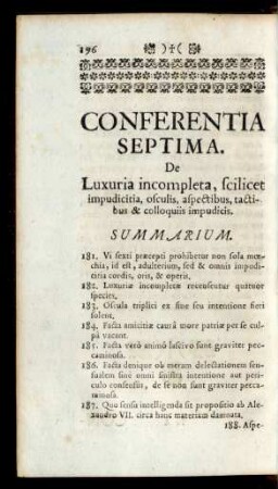 Conferentia Septima. De Luxuria incompleta, scilicet impudicitia, osculis, aspectibus, tactibus & colloquiis impudicis