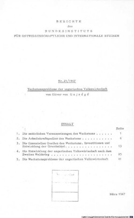 Wachstumsprobleme der ungarischen Volkswirtschaft