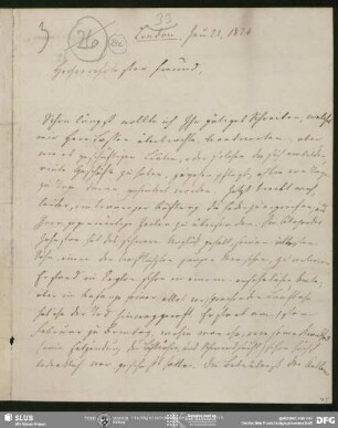 Eigenh. Brief von Georg Heinrich Nöhden an August Wilhelm von Schlegel, London, 21.06.1824