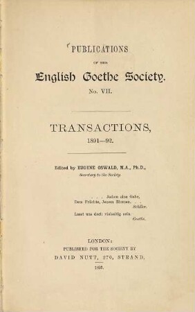 Publications of the English Goethe Society, 7. Transactions 1891-92