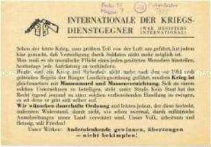 Handzettel der Internationale der Kriegsdienstgegner zur Sinnlosigkeit des Krieges