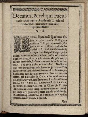Decanus, & reliqui Facultatis Medicae in Academia Lipsiensi Doctores, Medicae artis Studiosis atque cultoribus