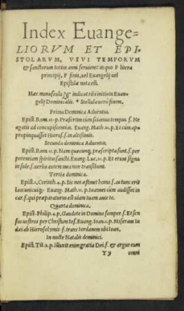 Index Evangeliorum Et Epistolarum, Usui Temporum et sanctorum totius anni ...