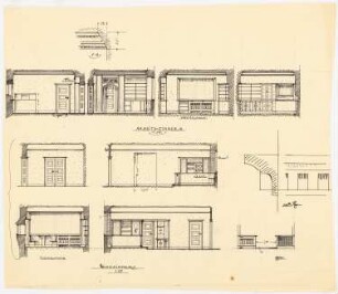 Wanddekoration: Details 1:50: je vier Wände des Wohnzimmers und des Arbeitszimmers; Detail 1:5: Stuckleiste in Ansicht und Querschnitt; Detail 1:1: Tapetenleiste in Ansicht und Querschnitt