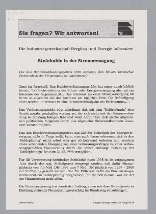 "Sie fragen? Wir antworten! Steinkohle in der Stromerzeugung"