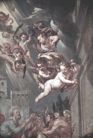 Der heilige Valentin heilt einen Kranken (hinten die Enthauptung des heiligen Maximilian)