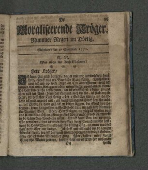 Nummer Regen un Dörtig. Mahndags den 27. September 1751