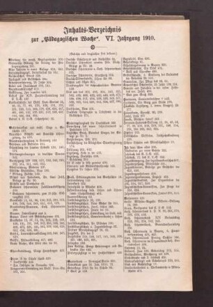 Inhalts-Verzeichnis zur "Pädagogischen Woche", VI. Jahrgang 1910