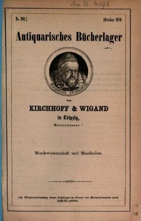 Antiquarisches Bücherlager von Kirchhoff & Wigand in Leipzig. 286. 1870