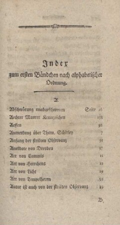 Index zum ersten Bändchen nach alphabetischer Ordnung.