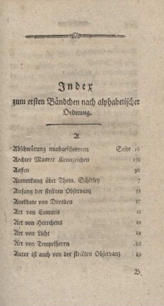 Index zum ersten Bändchen nach alphabetischer Ordnung.