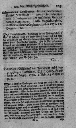 Deductions-Bibliothek von Teutschland nebst dazu gehörigen Nachrichten. Bd.1.