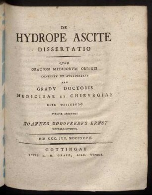 De Hydrope Ascite : Dissertatio ; Die XXX Iun. MDCCXCVII.