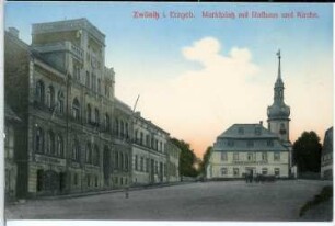 Zwönitz. Marktplatz mit Rathaus und Kirche