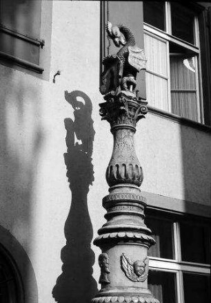 Basel: Basilisken-Brunnen am Rheinsprung, Detail mit Schatten