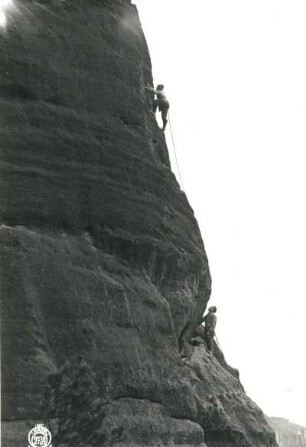 Sächsische Schweiz, Schmilka. Kleiner Falknerturm. Seilschaft Oswald Kunis in der Herrmannswand (VIIb [VIIIa])