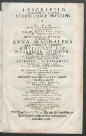 Inscriptio Sarcophagi Stannei Serenissimae Principis.