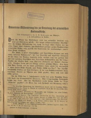 Armeniens Missionierung bis zur Gründung der armenischen Nationalkirche.