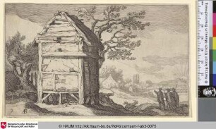 [Landscape with Barn; Landschaft mit frei stehender Scheune, rechts eine Gruppe von Reisenden vor untergehender Sonne]