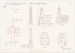 Königliches Materialprüfungsamt, Berlin-Lichterfelde: Kühlturm und Fachwerkschuppen. Grundrisse, Anichten und Schnitte